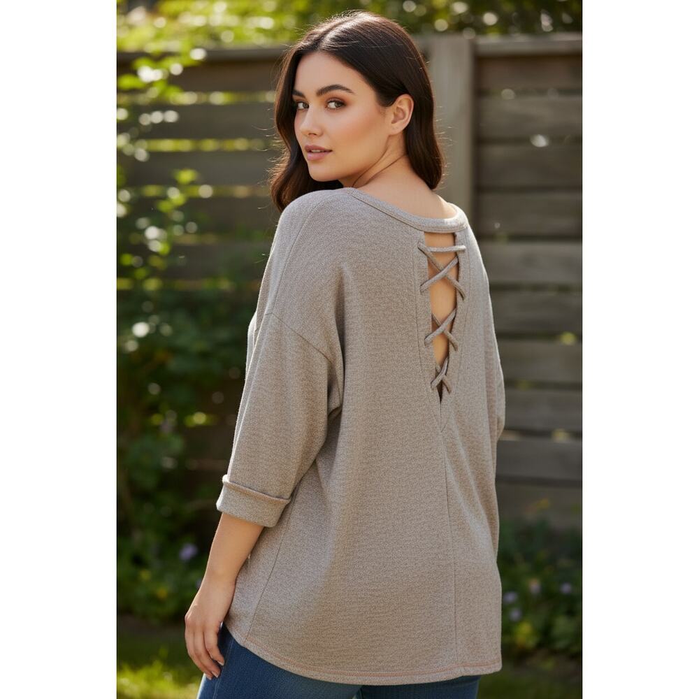 Cherish Taupe Lace-Up Back Sweater | Oversized Lightweight Knit Top - Picture 7 of 7